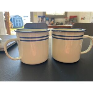 Set of 2 Backyard‎ Vintage Enamel Mugs Blue Stripe White Target Exclusive